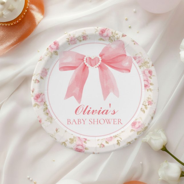 Prato De Papel Chá de bebê delicado com laço rosa e rosas (Criador carregado)