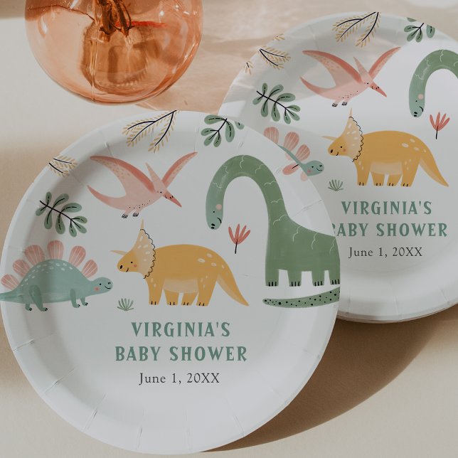Prato De Papel Chá de Bebê Dinossauro (Cute Dinosaur Decor Baby Shower Paper Plates by Painted Paperie
)
