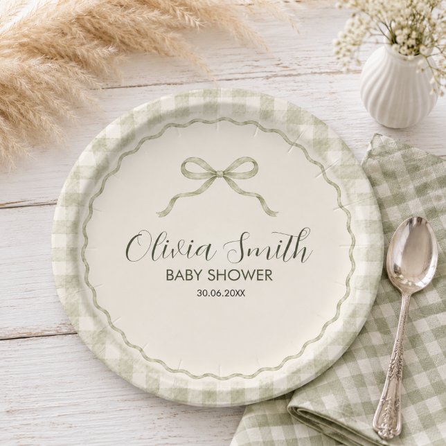 Prato De Papel Chá de Bebê do Coelho Sage Gingham (Criador carregado)