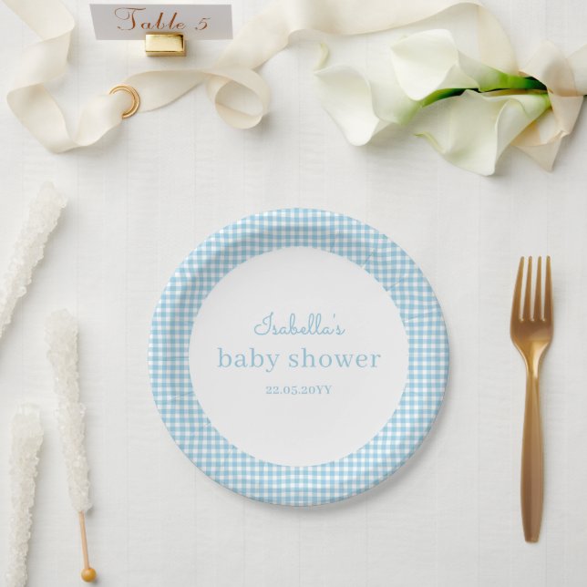 Prato De Papel Chá de Bebê do Menino Azul Xadrez (Casamento)