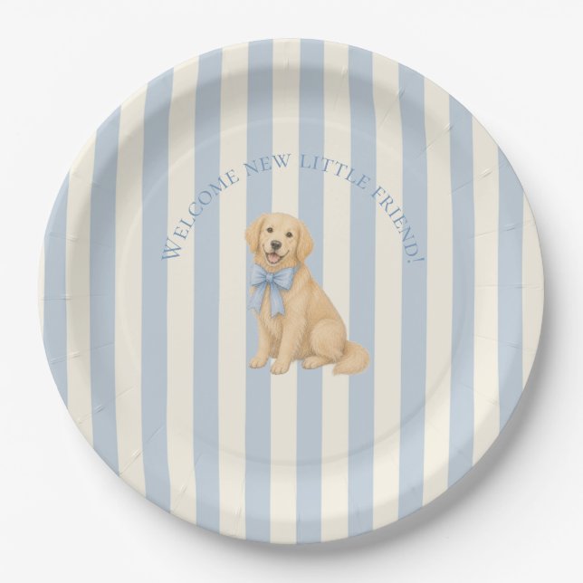 Prato De Papel Chá de Bebê do Retriever Dourado Azul  (Frente)