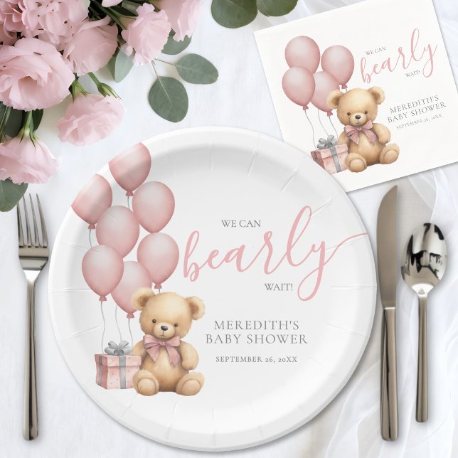 Prato De Papel Chá de Bebê do Ursinho Balão Rosa (Pink Balloon Bear Baby Shower Paper Plates)