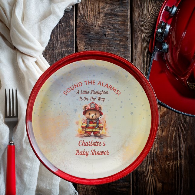 Prato De Papel Chá de Bebê do Ursinho Bombeirinho Teddy (Sound the Alarms!  A Little Firefighter Is On The Way Cute Teddy Bear Baby Shower Paper Plates)