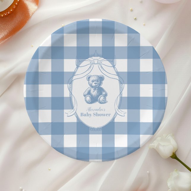Prato De Papel Chá de Bebê do Ursinho Francês de Gingham (Criador carregado)