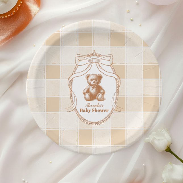 Prato De Papel Chá de Bebê do Ursinho Francês de Gingham (Criador carregado)