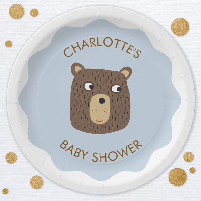 Prato De Papel Chá de Bebê do Ursinho Personalizado (Adorable little teddy bear cub personalized baby shower party paper plates)
