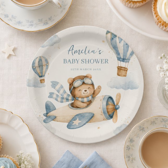 Prato De Papel Chá de Bebê do Urso Teddy Avião Antigo (Criador carregado)