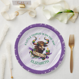 Prato De Papel Chá de Bebê do Zodíaco Touro Lavanda e Verde