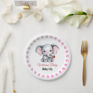 Prato De Papel Chá de Bebê Elefante Rosa em Aquarela
