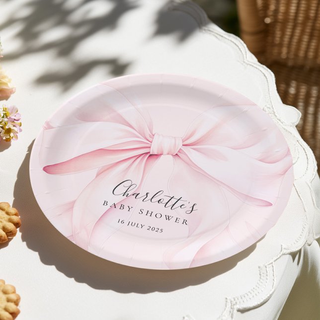 Prato De Papel Chá de Bebê Elegante com Laço Rosa (Criador carregado)