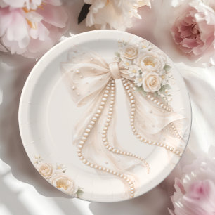 Prato De Papel Chá de Bebê Elegante Floral com Laço