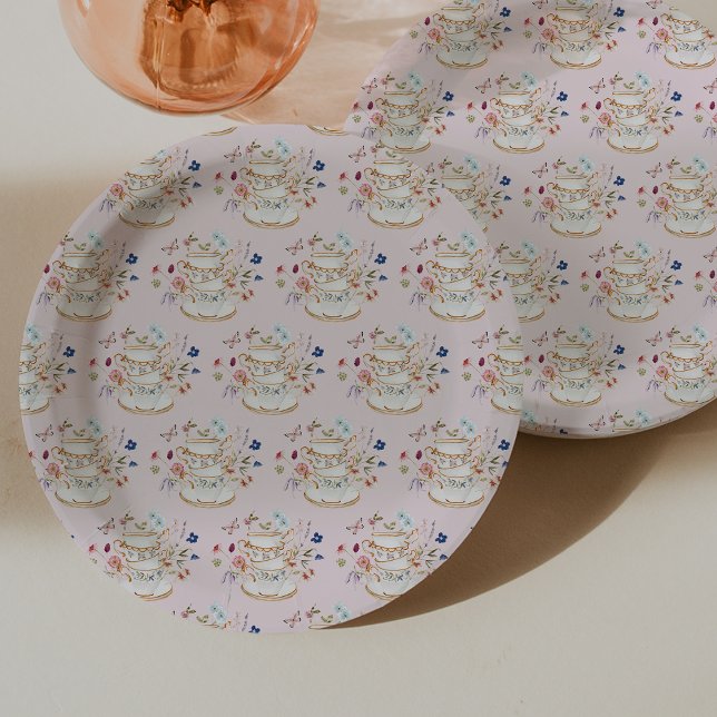 Prato De Papel Chá de Bebê Festa de Noiva Rosa (Pink Tea Party Bridal Shower Paper Plates by Painted Paperie
)