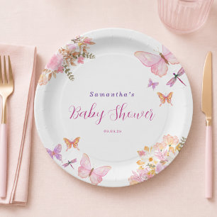 Prato De Papel Chá de Bebê Flor de Borboleta Rosa Aquarela