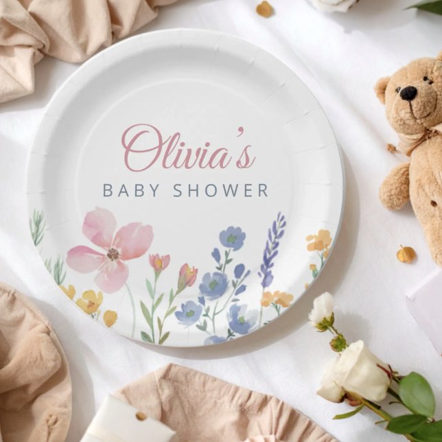 Prato De Papel Chá de Bebê Flor de Campo Boho Rosa Aguarela (Criador carregado)