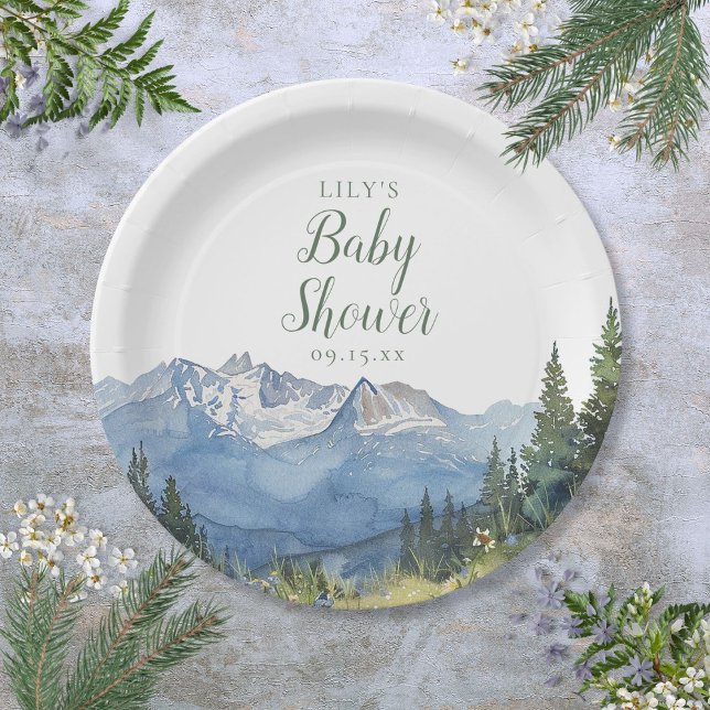 Prato De Papel Chá de Bebê Flor Silvestre Montanhosa Aquarela Mod (Modern Watercolor Mountain Wildflower Baby Shower Paper Plates)