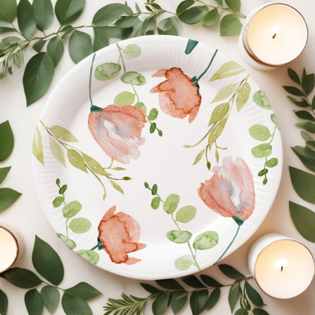 Prato De Papel Chá de Bebê Floral Aquarela Coral Verde (Criador carregado)