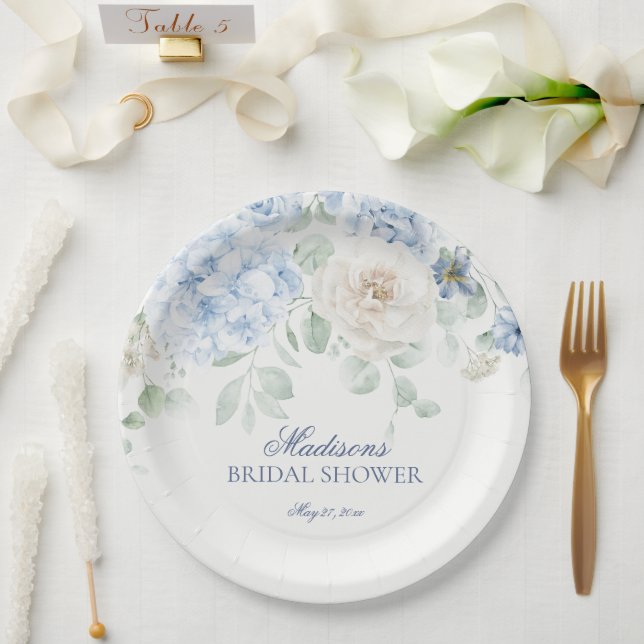 Prato De Papel Chá de Bebê Floral Azul (Casamento)