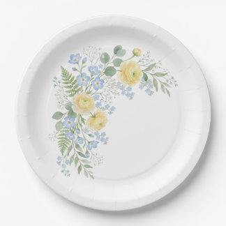 Prato De Papel Chá de Bebê Floral Azul Amarelo
