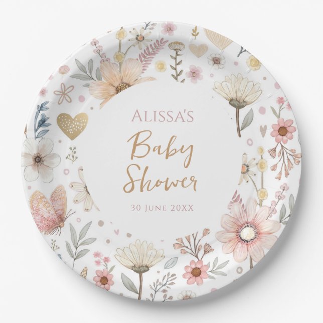 Prato De Papel Chá de Bebê Floral Boho Flor Silvestre (Frente)