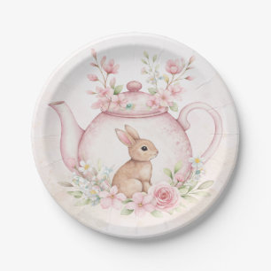 Prato De Papel Chá de Bebê Floral com Coelho Bunny em Aquarela