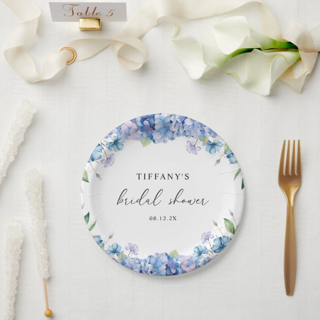 Prato De Papel Chá de Bebê Floral de Hydrangea Azul Moderno (Casamento)