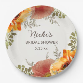 Prato De Papel Chá de Bebê Floral de Outono em Laranja Queimada