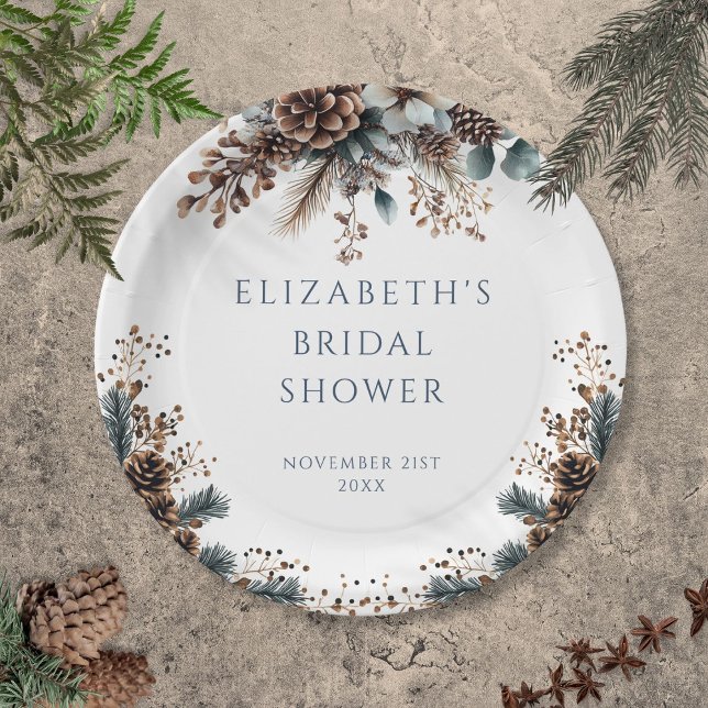 Prato De Papel Chá de Bebê Floral Floresta Rústica Pinhas  (Rustic Forest Floral Pinecones Bridal Shower Paper Plates)