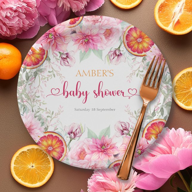 Prato De Papel Chá de Bebê Flores de Aquarela Citrino e Rosa (Citrus & Pink Watercolor Flowers Baby Shower Paper Plates)