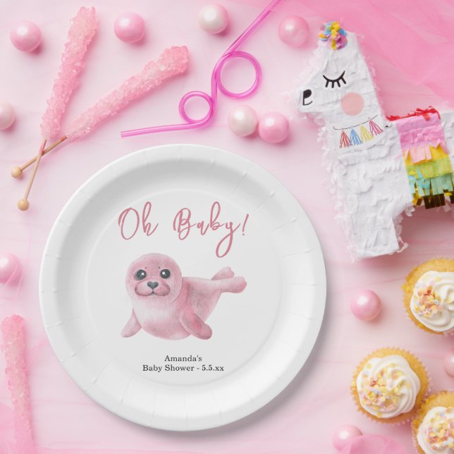 Prato De Papel Chá de Bebê Foca Rosa (Festa)