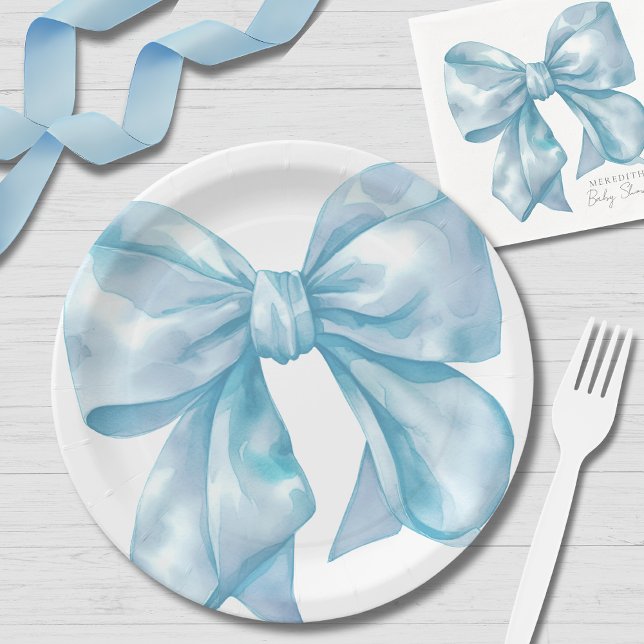 Prato De Papel Chá de Bebê Laço Azul Simples (Simple Blue Bow Baby Shower Paper Plates)