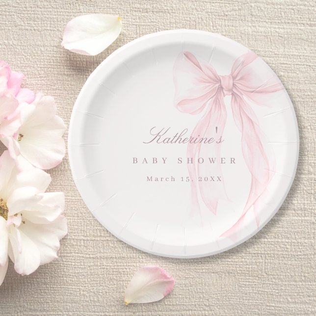 Prato De Papel Chá de Bebê Laço Coquete Rosa (Pink Bow Baby Shower Paper Plate)
