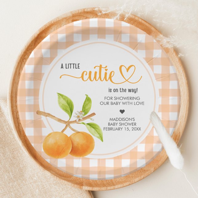 Prato De Papel Chá de Bebê Laranja Xadrez (Little Cutie Orange Baby Shower Paper Plate)