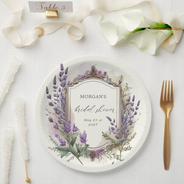 Prato De Papel Chá de Bebê Lavanda Real em Aquarela (Casamento)