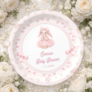 Prato De Papel Chá de Bebê Little Bunny Floral Blush Rosa