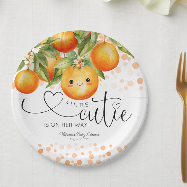 Prato De Papel Chá de Bebê Little Cutie Laranja (Little cutie baby shower paper plates with adorable little face. You can add text to personalize.)