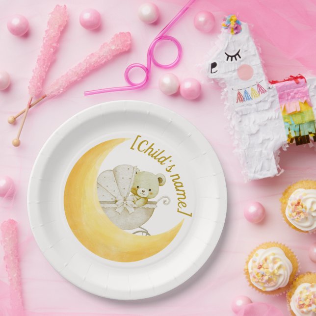 Prato De Papel Chá de Bebê Lua Neutra Editável (Festa)