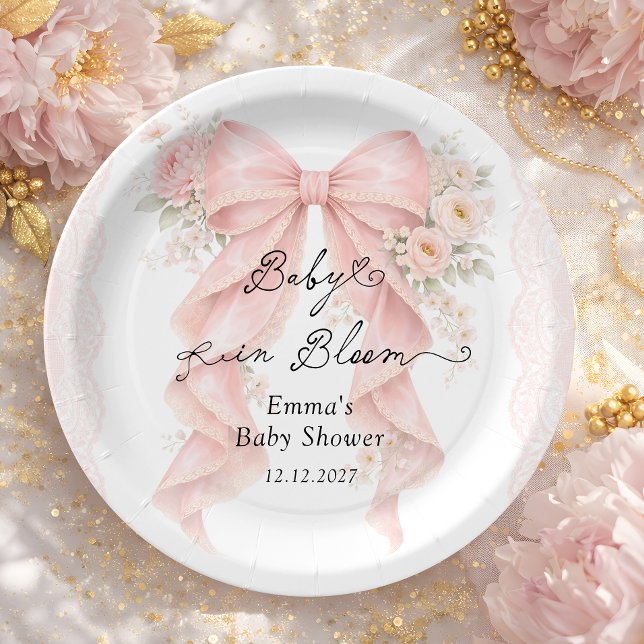 Prato De Papel Chá de Bebê Menina Bebê em Flor com Laço Rosa (Criador carregado)