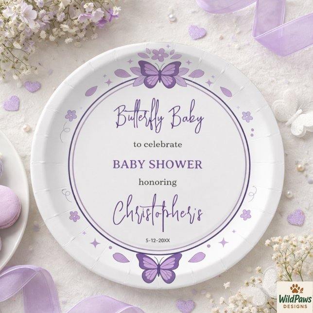 Prato De Papel Chá de Bebê Menina Borboleta Roxa (Purple Butterfly Baby Girl Baby Shower Paper Plates
)