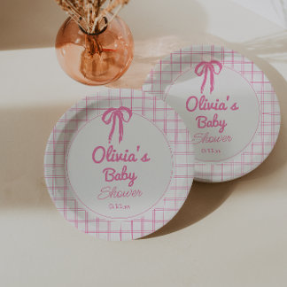 Prato De Papel Chá de Bebê Menina com Laço Xadrez Rosa Desenhado 