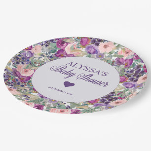 Prato De Papel Chá de Bebê Menina Floral Rosa Roxo
