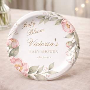 Prato De Papel Chá de Bebê Menina Rosa Elegante em Flor