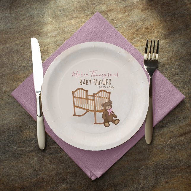 Prato De Papel Chá de Bebê Menina Rosa Personalizado (Baby shower custom party paper plates. )