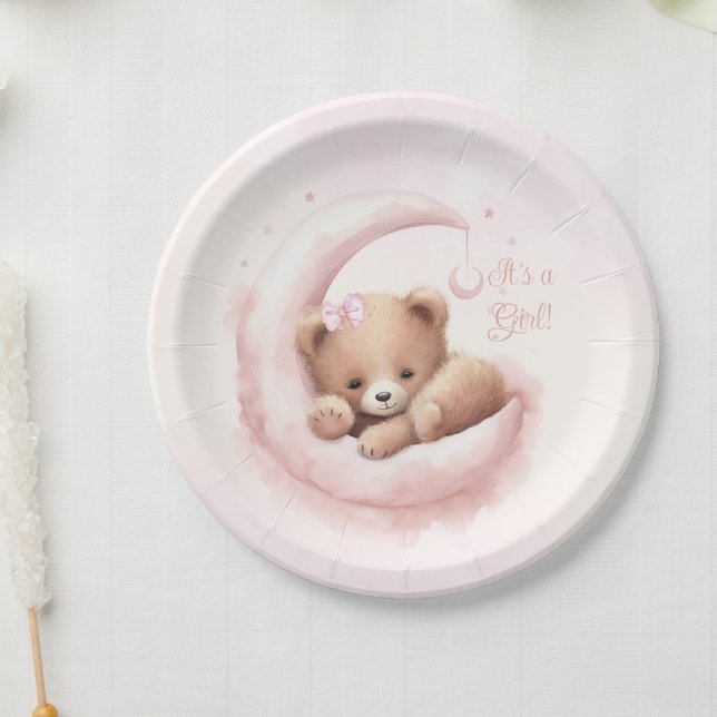 Prato De Papel Chá de Bebê Menina Urso Rosa Bege (Personalize with your text.)