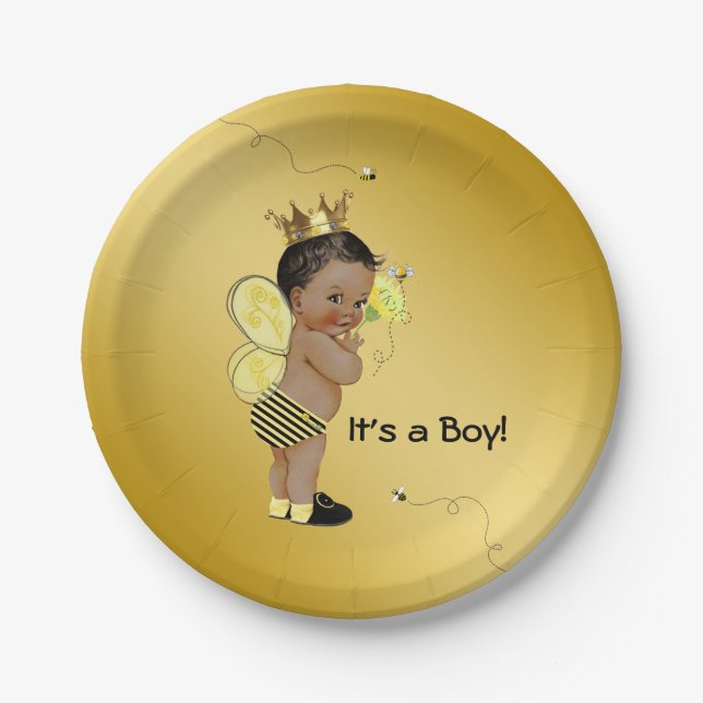 Prato De Papel Chá de Bebê Menino Afro-Americano Abelha (Frente)