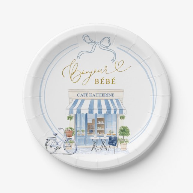 Prato De Papel Chá de Bebê Menino Café Parisiense (Frente)