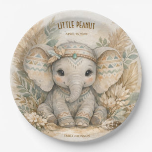 Prato De Papel Chá de Bebê Menino Elefante Safari Boho Amendoim B