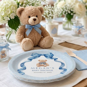Prato De Papel Chá de Bebê Menino Urso de Pelúcia Azul