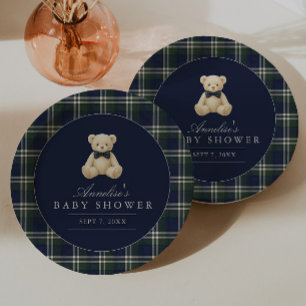 Prato De Papel Chá de Bebê Menino Urso Teddy Xadrez Polo Clássico