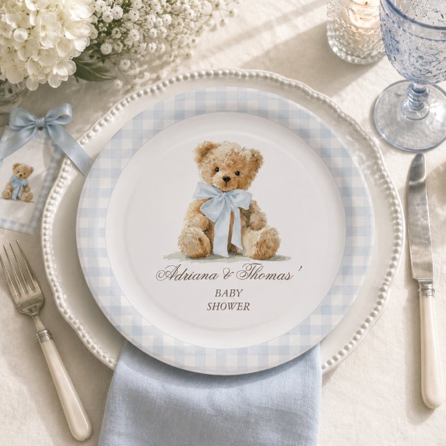 Prato De Papel Chá de Bebê Menino Xadrez Azul Urso (Criador carregado)