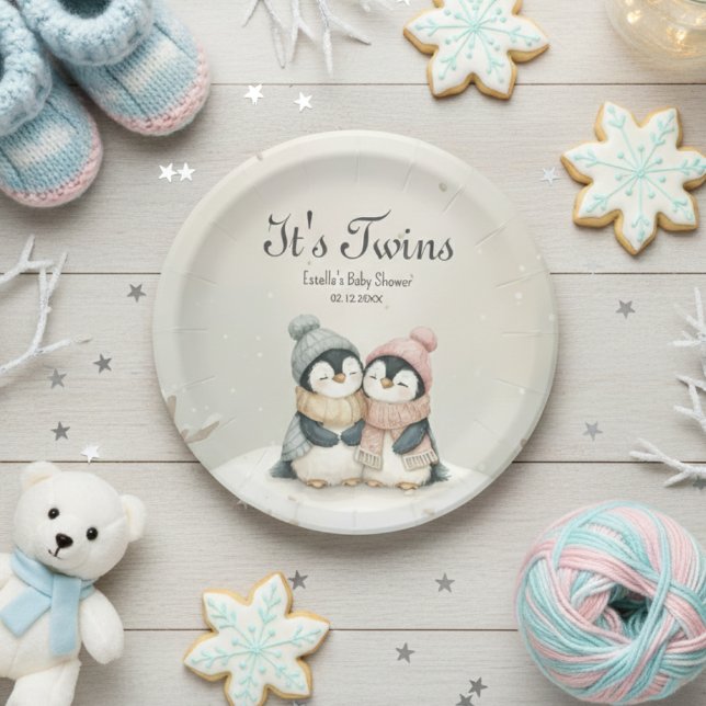 Prato De Papel Chá de Bebê Natal Gêmeos Penguins It's Twins (Criador carregado)